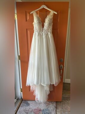 long sleeve dress low cut Andrea & Leo Couture A1022 Long Sleeved Wedding Dress Lace Applique Sheer 14 / Off White main image 0